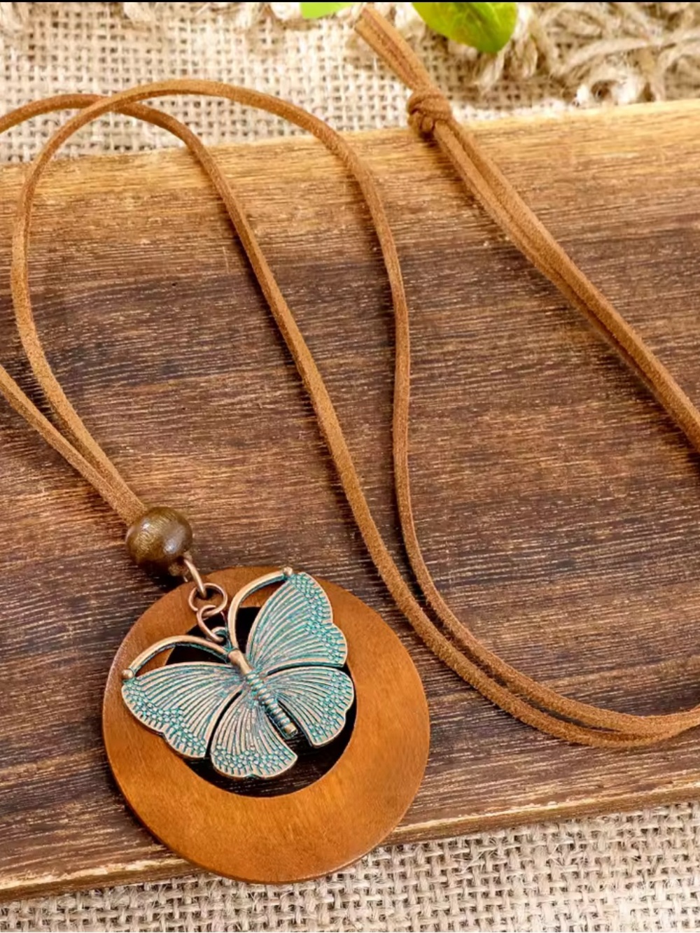 Butterfly Pendant Necklace Boho Turquoise Brown Long Cord Necklace